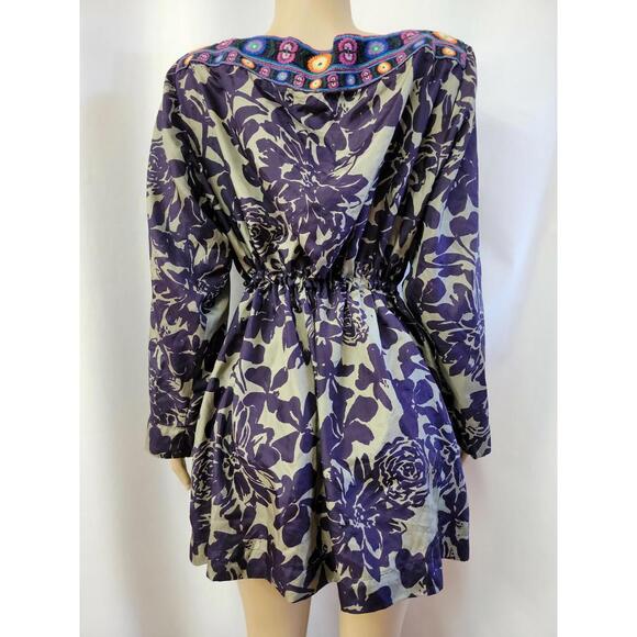 Johnny Was Square Neck Embroidered Floral Print Silk Dress Purple Sz M ?#C6 - Picture 5 of 9
